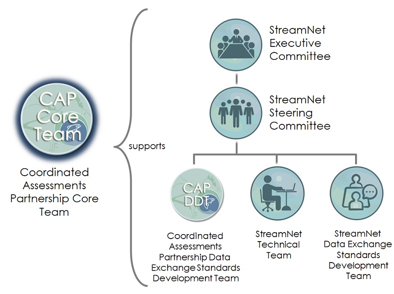 Diagram showing the relationships among the StreamNet Committees and Teams and the CAP Teams. The CAP Core Team provides support to all the other committees and teams.