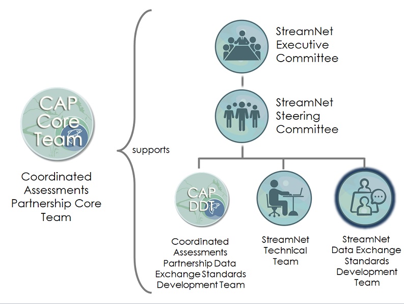 Diagram showing the relationships among the StreamNet Committees and Teams and the CAP Teams. The StreamNet Data Exchange Standards Development Team is on the bottom level with the other three teams .