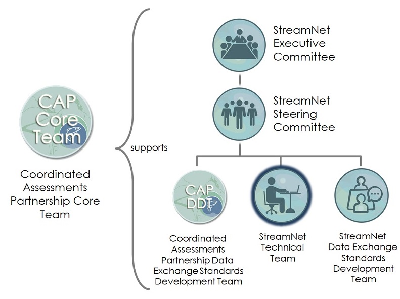 Diagram showing the relationships among the StreamNet Committees and Teams and the CAP Teams. The StreamNet Technical Team is on the bottom level with the other three teams .